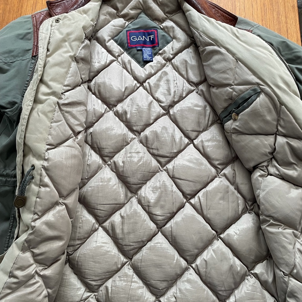 Men’s XL Olive Green Puffer Jacket Genuine Leather Collar Gant Jacket - Picture 5 of 10